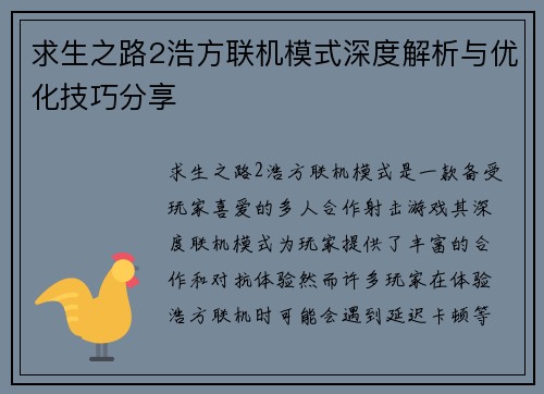 求生之路2浩方联机模式深度解析与优化技巧分享